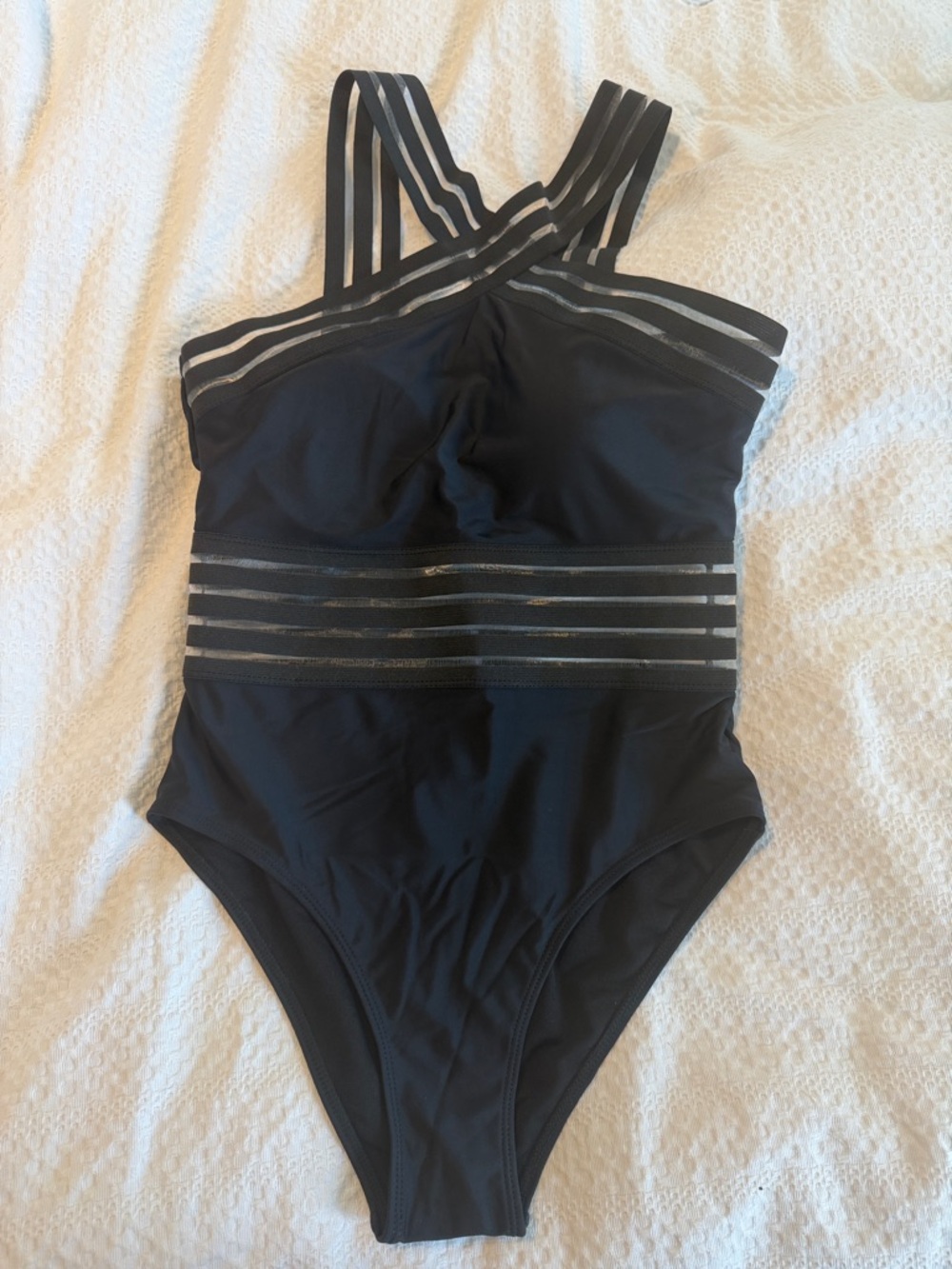 Black One-Piece Strappy Swimsuit with Sheer Stripe Detail with underlined cups